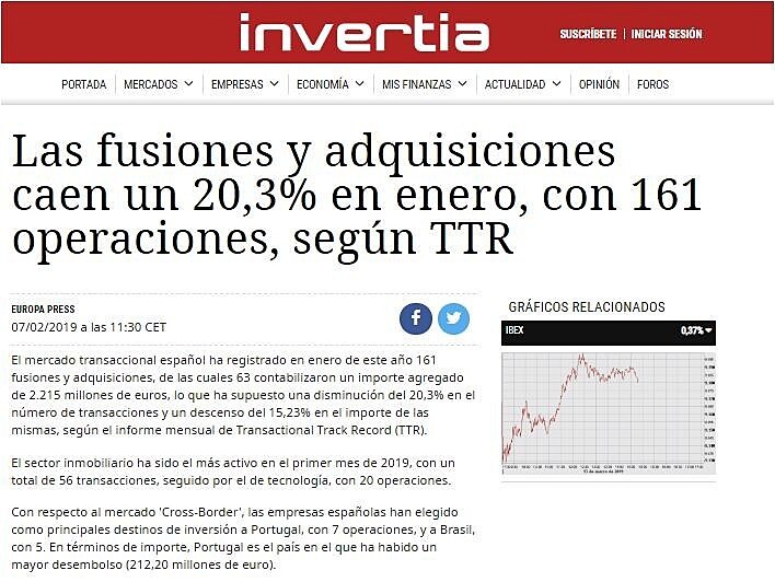 Las fusiones y adquisiciones caen un 20,3% en enero, con 161 operaciones, segn TTR